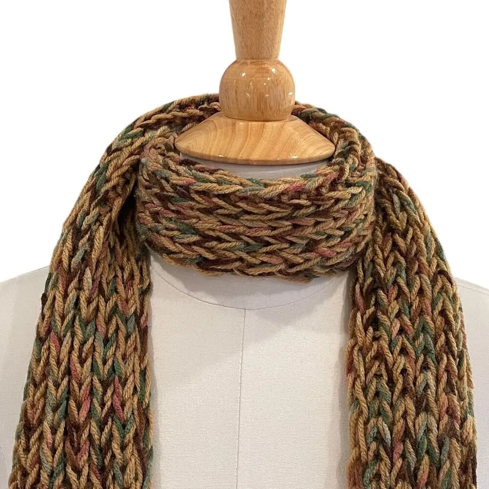 Hand Knit Warm Tones / Earth Tones Multicolor Skinny Scarf with Fringe